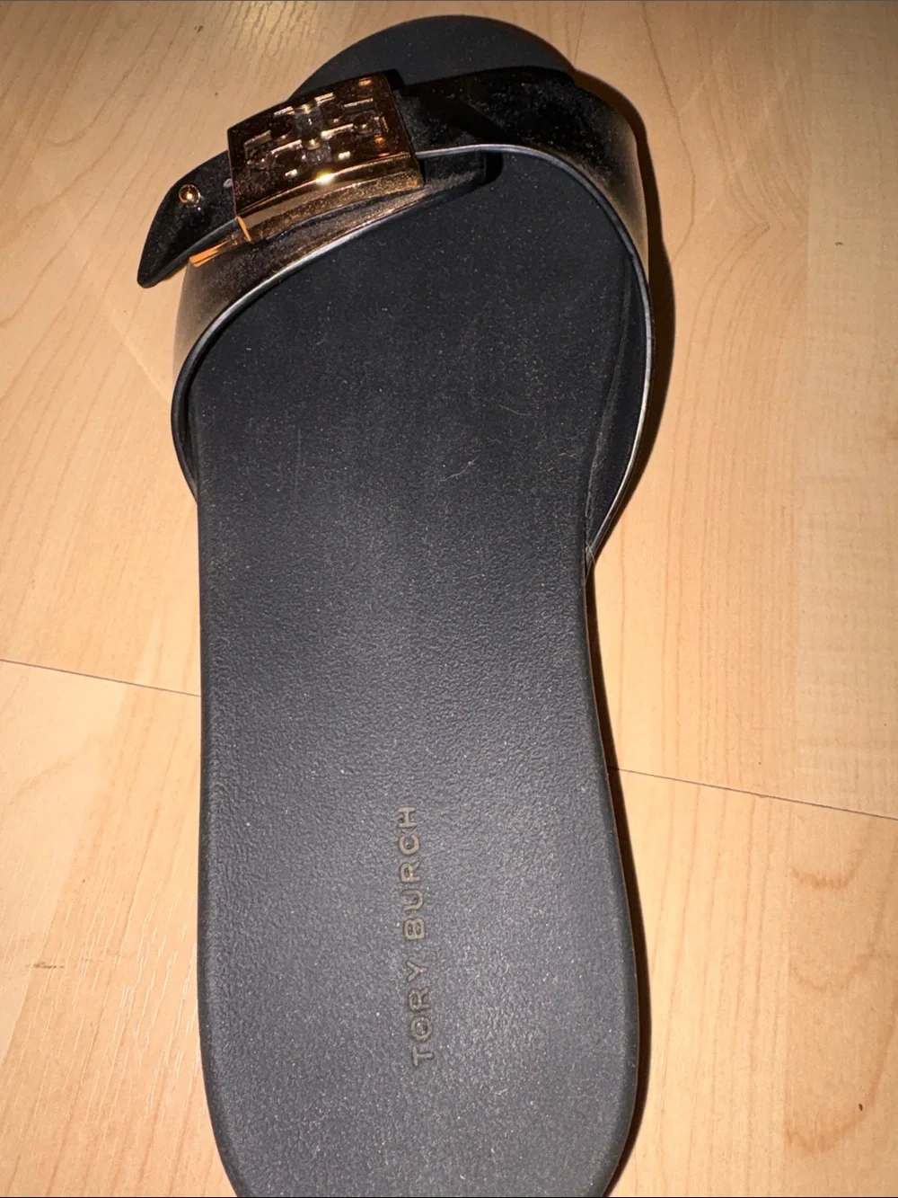 Tory Burch Black Patent Slide Sandals with Gold Logo Buckle 9